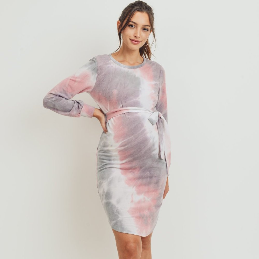 <CMD2055A> Purple & Pink Tie-Dye French Terry Waist Tie Maternity Dress